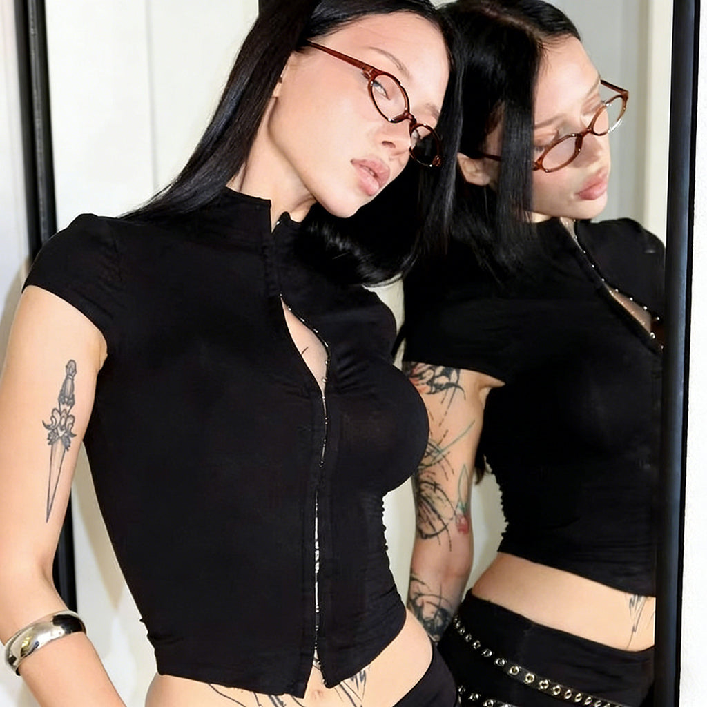 Women's Black Slim Fit Short Sleeve Stand Collar Top - Deep V-Neck Button-Up Tee - Sexy Y2K Style
