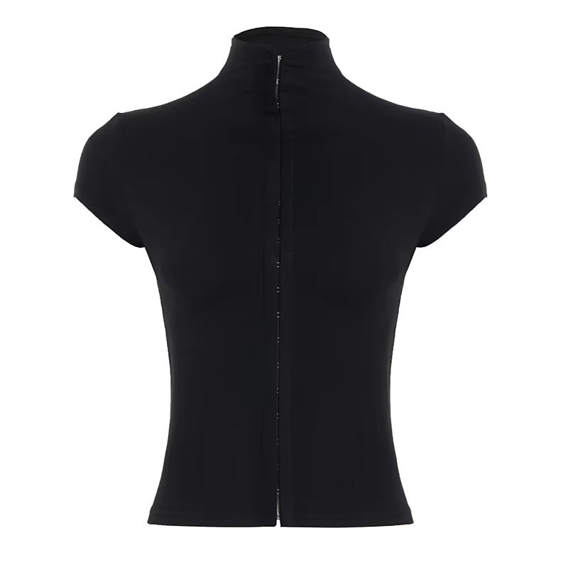 Women's Black Slim Fit Short Sleeve Stand Collar Top - Deep V-Neck Button-Up Tee - Sexy Y2K Style