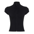 Women's Black Slim Fit Short Sleeve Stand Collar Top - Deep V-Neck Button-Up Tee - Sexy Y2K Style