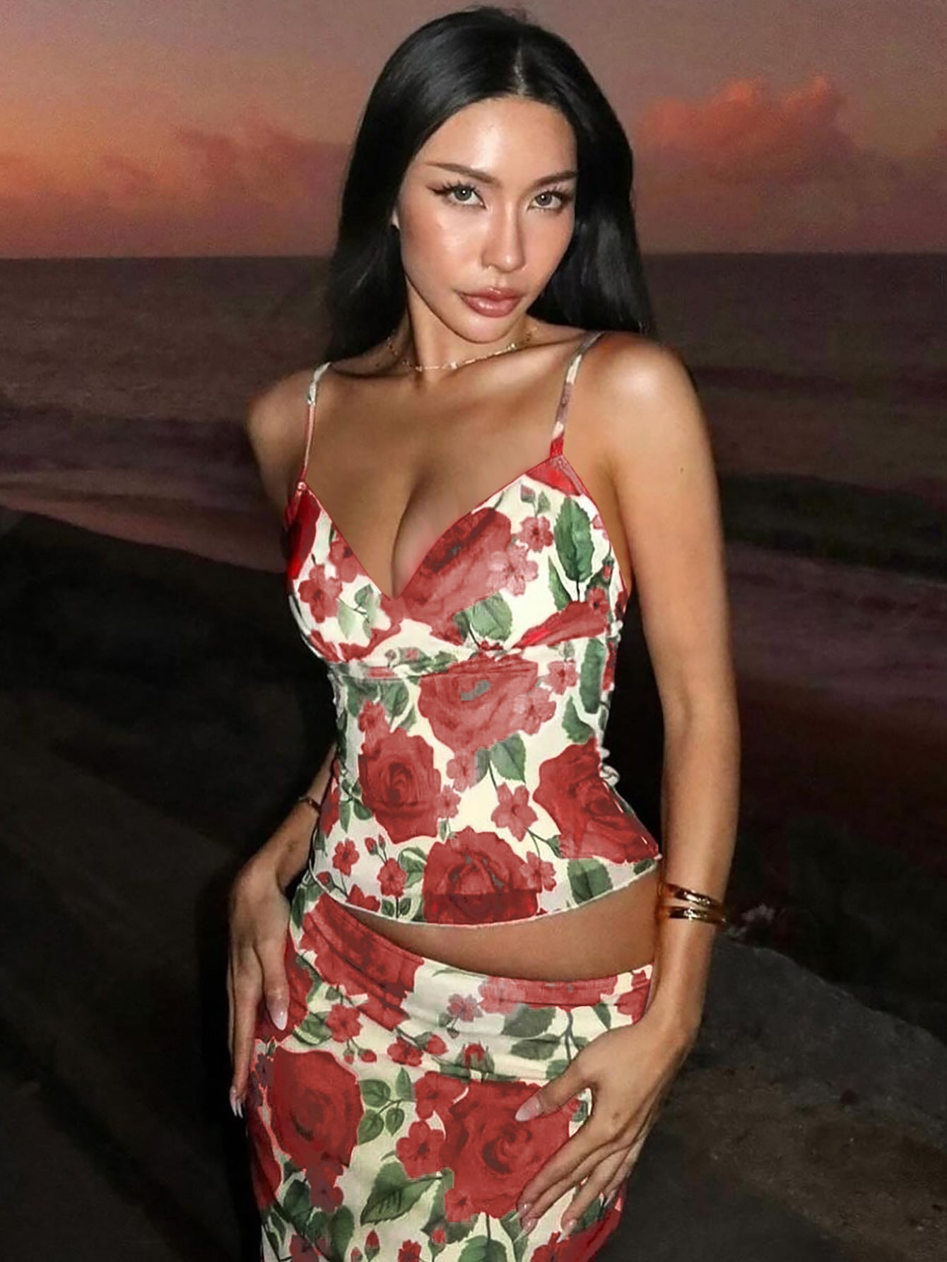 Women's 2-Piece Rose Print Maxi Skirt Set – Spaghetti Strap Crop Top & Flowy Long Skirt Outfit