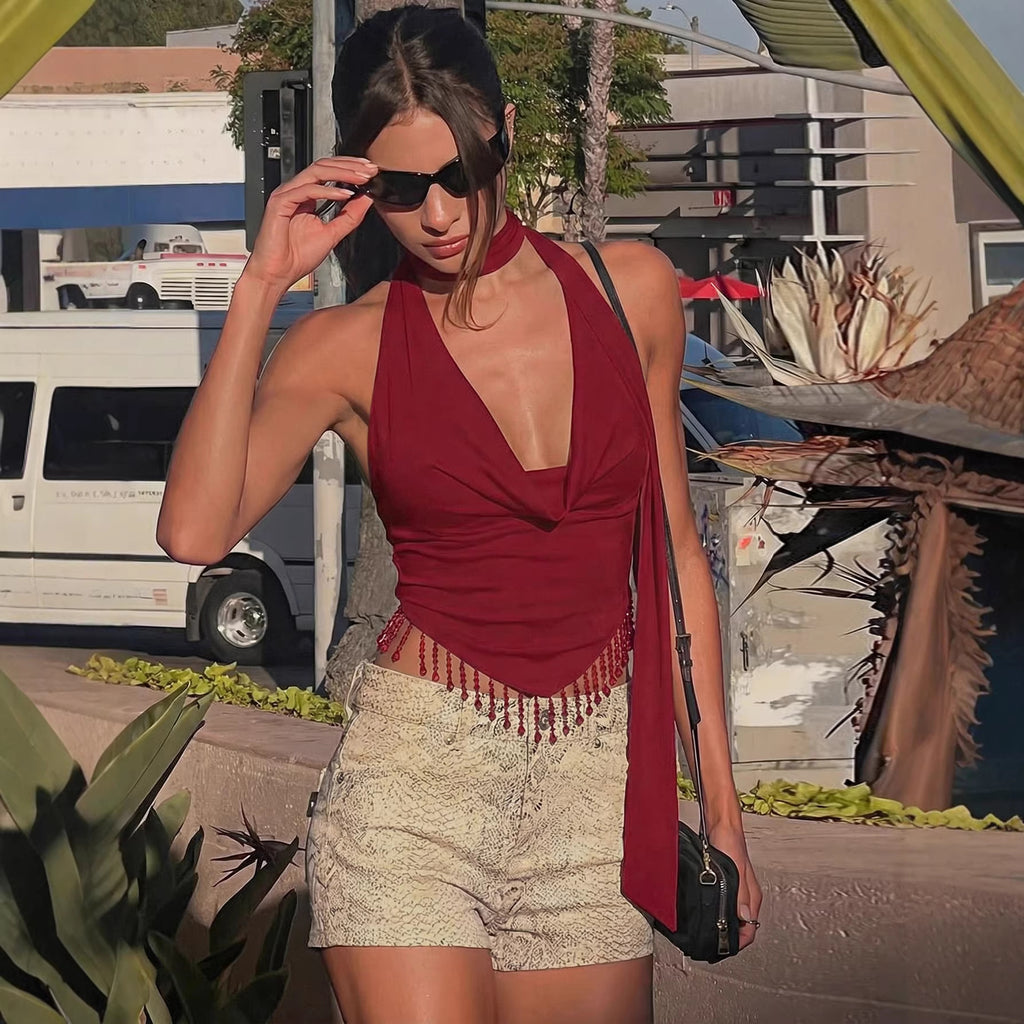 Women's Burgundy Halter Cowl Neck Camisole Top - Fringe Hem Sexy Crop Top