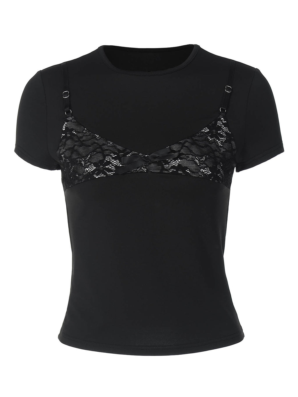 Women's Black Lace Layered T-Shirt – Faux Lace Bralette Detail Short Sleeve Crop Top