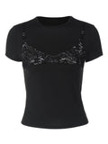 Women's Black Lace Layered T-Shirt – Faux Lace Bralette Detail Short Sleeve Crop Top