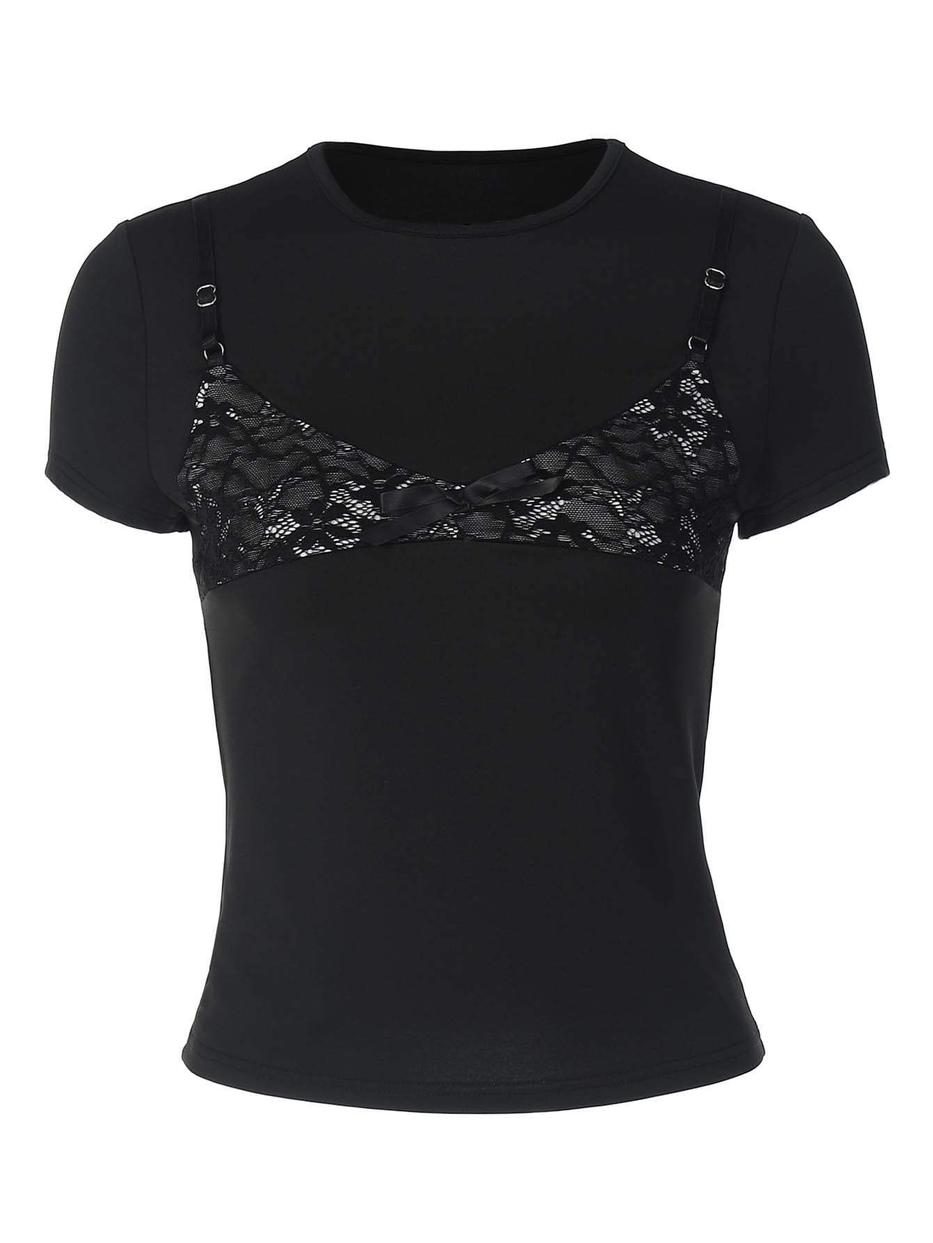Women's Black Lace Layered T-Shirt – Faux Lace Bralette Detail Short Sleeve Crop Top