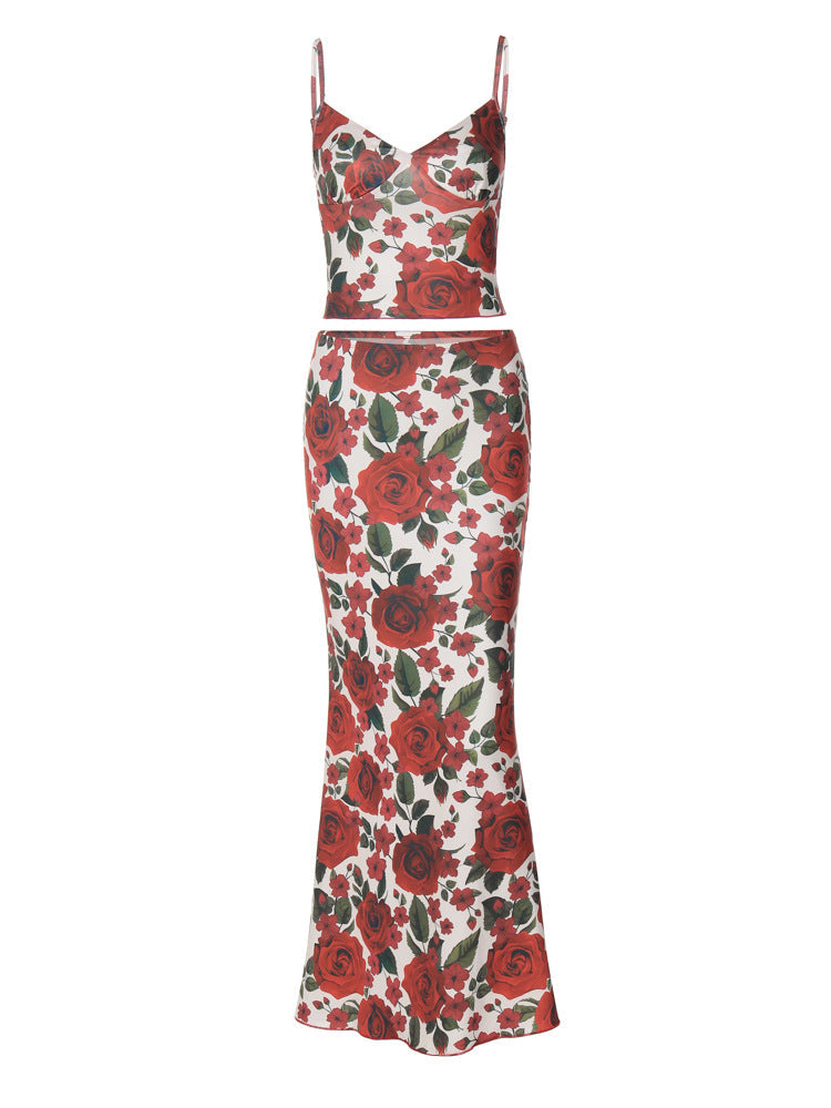 Women's 2-Piece Rose Print Maxi Skirt Set – Spaghetti Strap Crop Top & Flowy Long Skirt Outfit