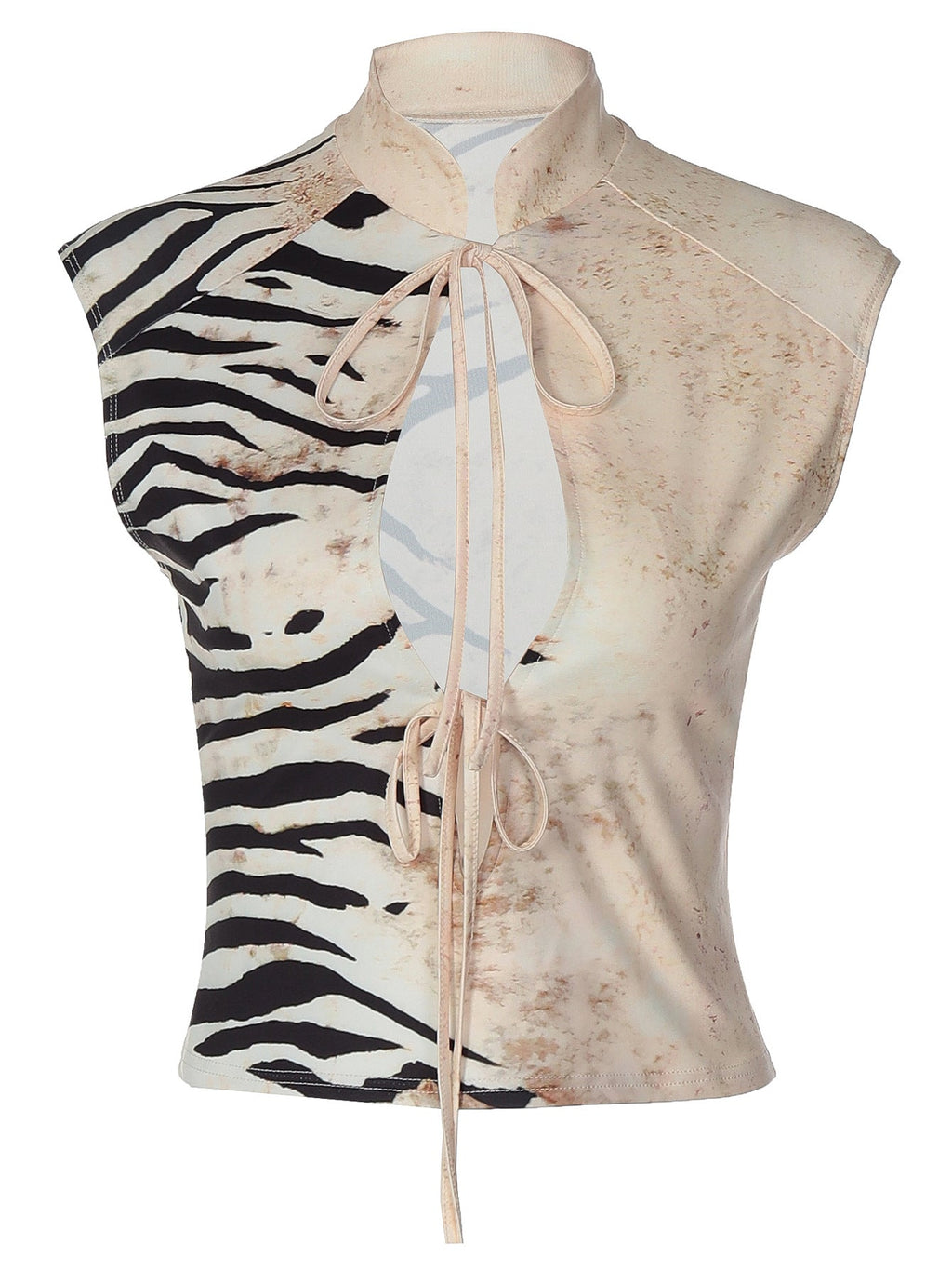 Women's Zebra Print Cutout Crop Top – Sleeveless Mock Neck Tie-Front Blouse