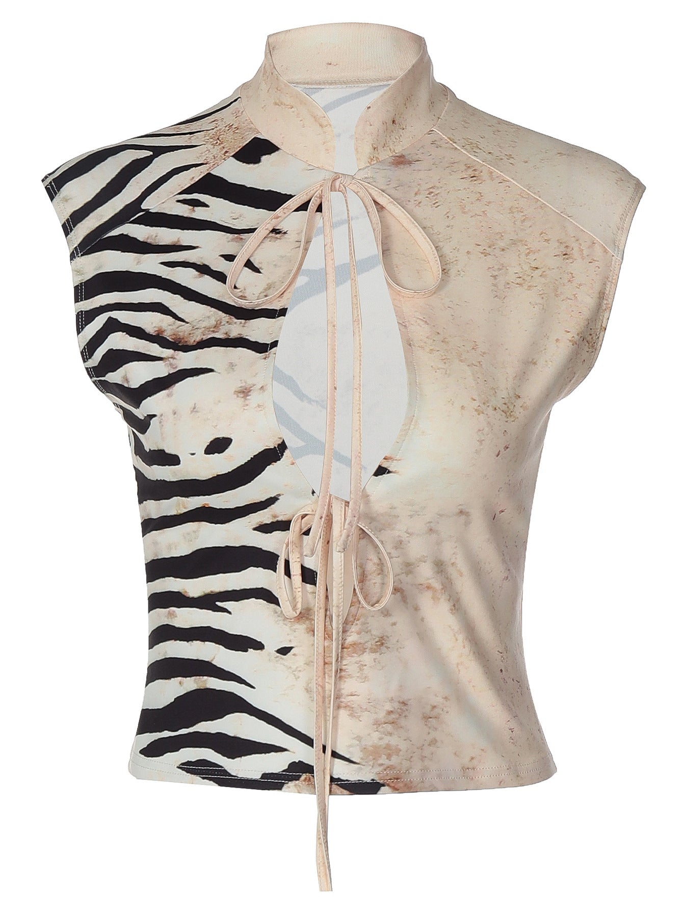 Women's Zebra Print Cutout Crop Top – Sleeveless Mock Neck Tie-Front Blouse