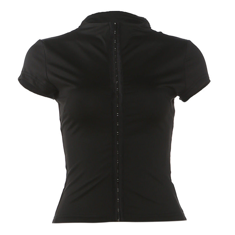 Women's Black Slim Fit Short Sleeve Stand Collar Top - Deep V-Neck Button-Up Tee - Sexy Y2K Style