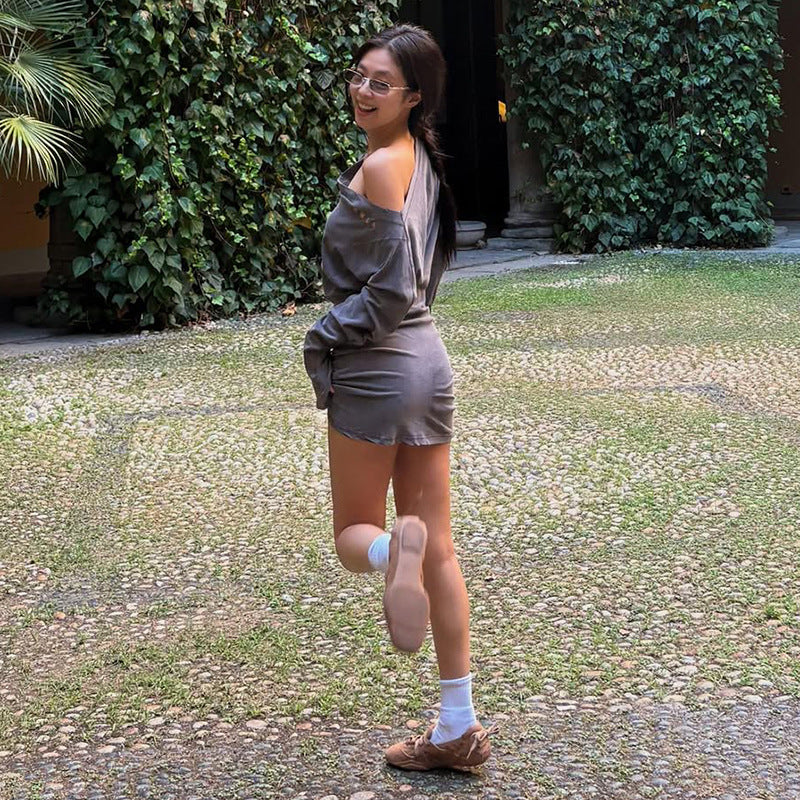 Women's Ruched Off-Shoulder Long Sleeve Mini Dress – Grey Cotton Casual Bodycon Dress