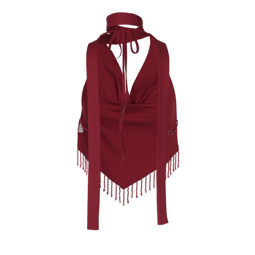 Women's Burgundy Halter Cowl Neck Camisole Top - Fringe Hem Sexy Crop Top