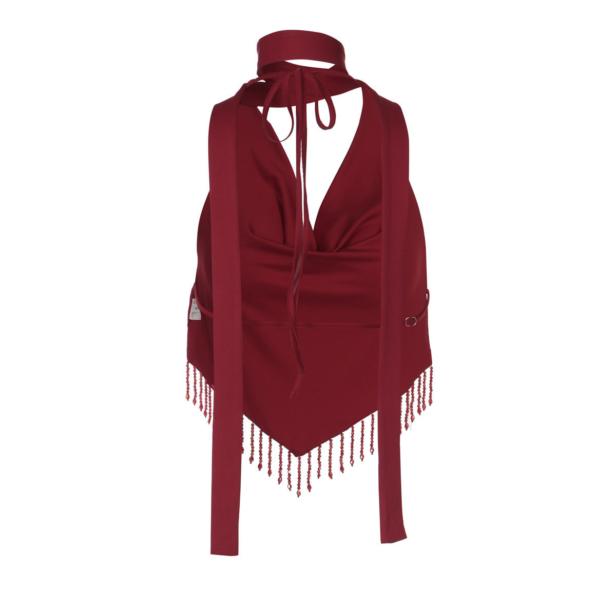 Women's Burgundy Halter Cowl Neck Camisole Top - Fringe Hem Sexy Crop Top