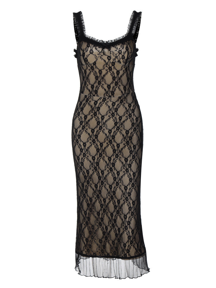 Women's Sheer Black Lace Midi Dress with Ruffle Hem – Nude Illusion Bodycon Slip Dress