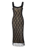 Women's Sheer Black Lace Midi Dress with Ruffle Hem – Nude Illusion Bodycon Slip Dress