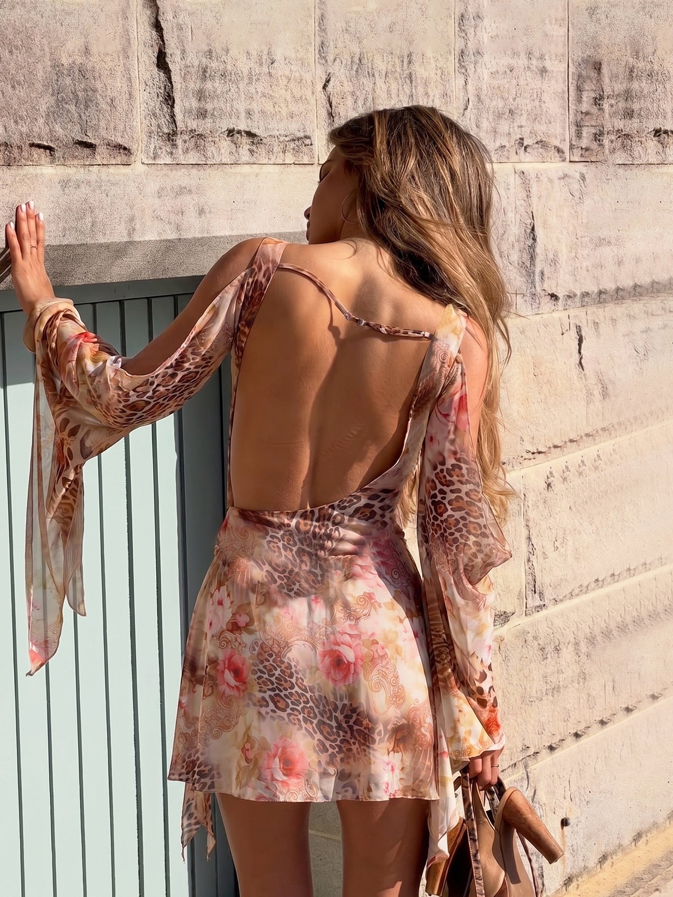 Women's Sheer Mesh Cowl Neck Mini Dress – Long Sleeve Leopard & Floral Print Bodycon Dress