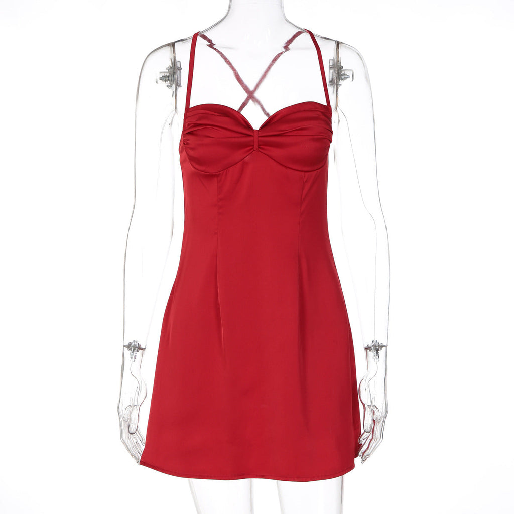Women's Satin Sweetheart Neckline Mini Dress – Ruched Bust Spaghetti Strap Slip Dress
