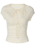 Women's Ruched Keyhole Cutout Top – Sleeveless Tie-Front Mock Neck Blouse