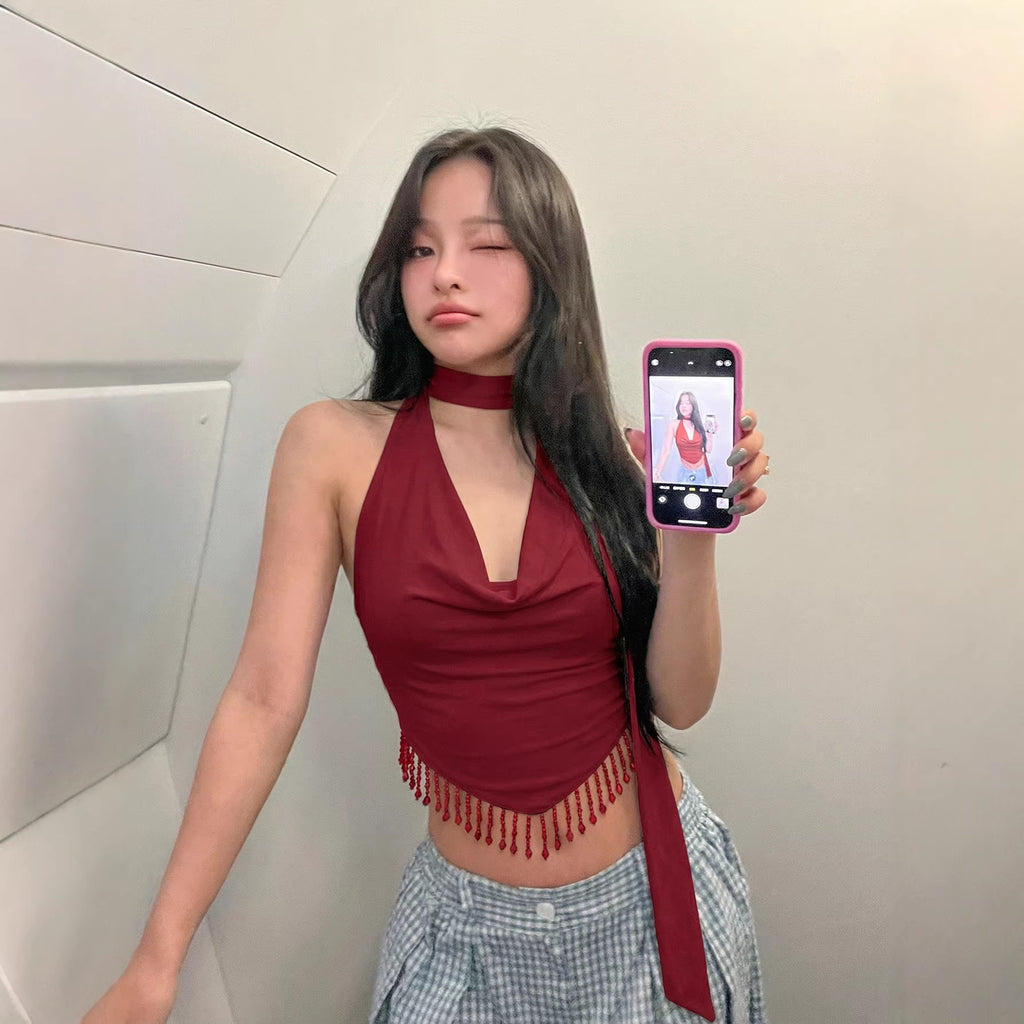 Women's Burgundy Halter Cowl Neck Camisole Top - Fringe Hem Sexy Crop Top