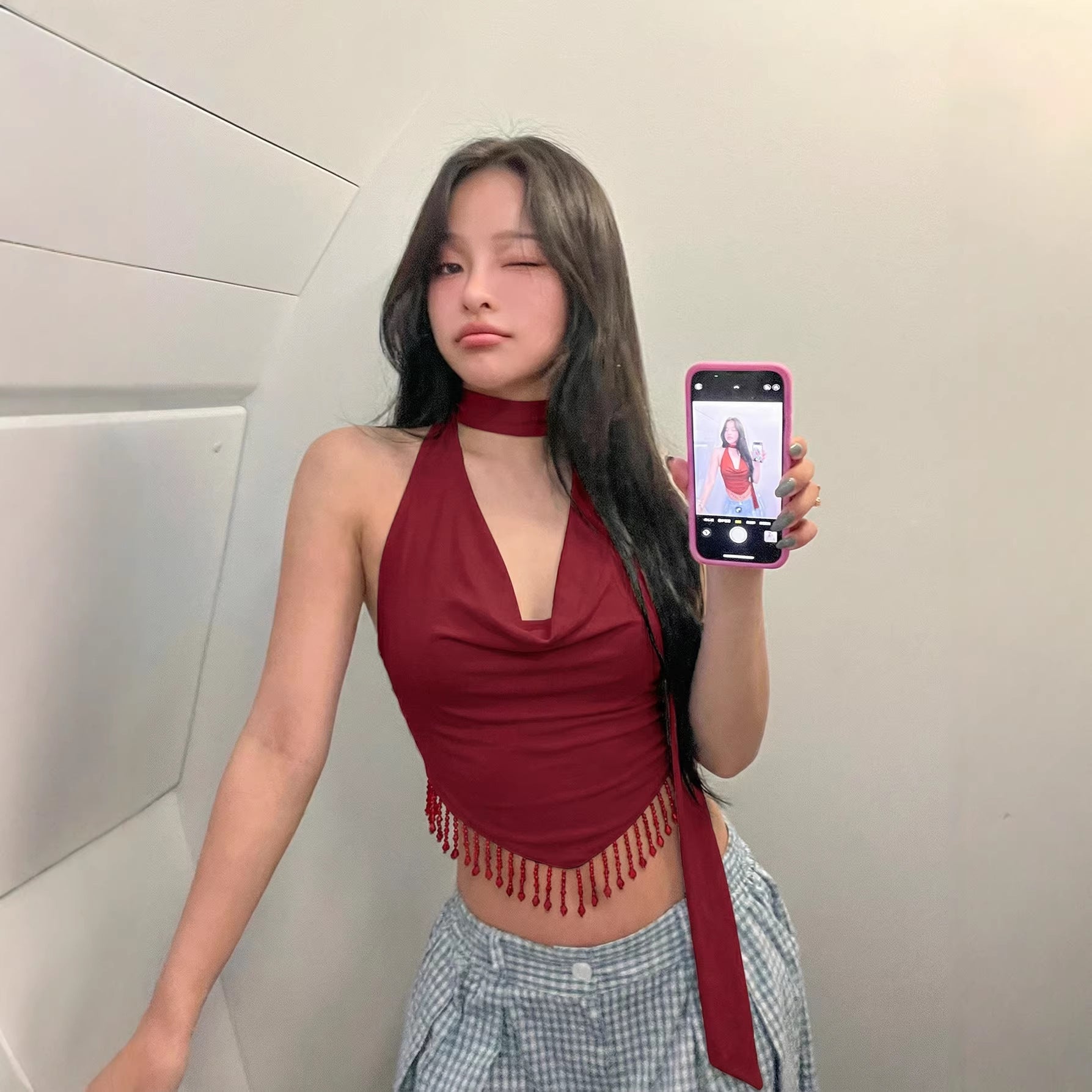Women's Burgundy Halter Cowl Neck Camisole Top - Fringe Hem Sexy Crop Top