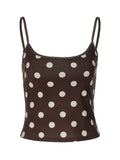 Women's Polka Dot Ribbed Spaghetti Strap Crop Top – Brown Scoop Neck Y2K Camisole