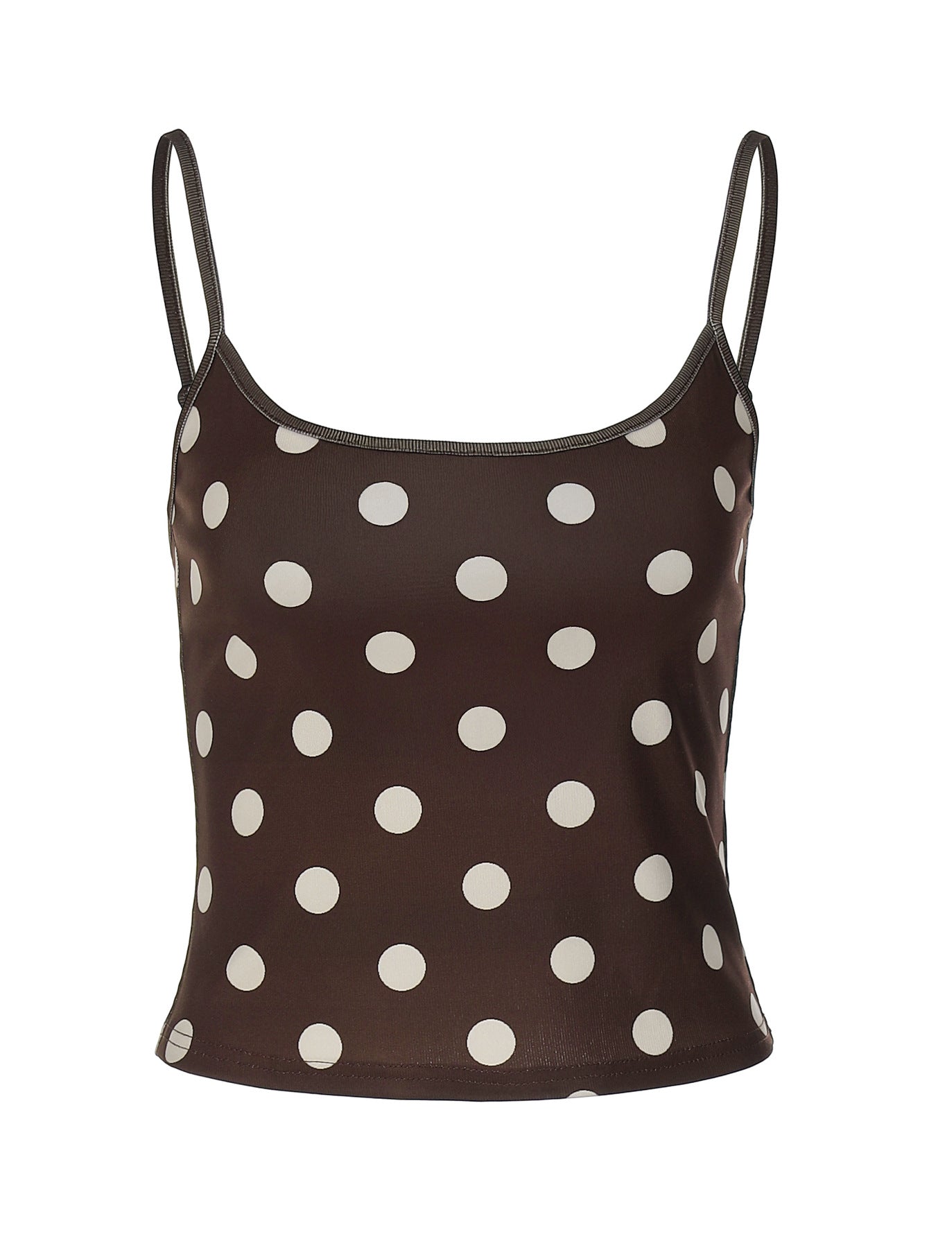 Women's Polka Dot Ribbed Spaghetti Strap Crop Top – Brown Scoop Neck Y2K Camisole