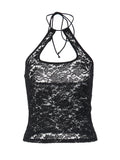 Women's Black Lace Halter Crop Top – Sheer Floral Lace Tie-Neck Y2K Tank Top