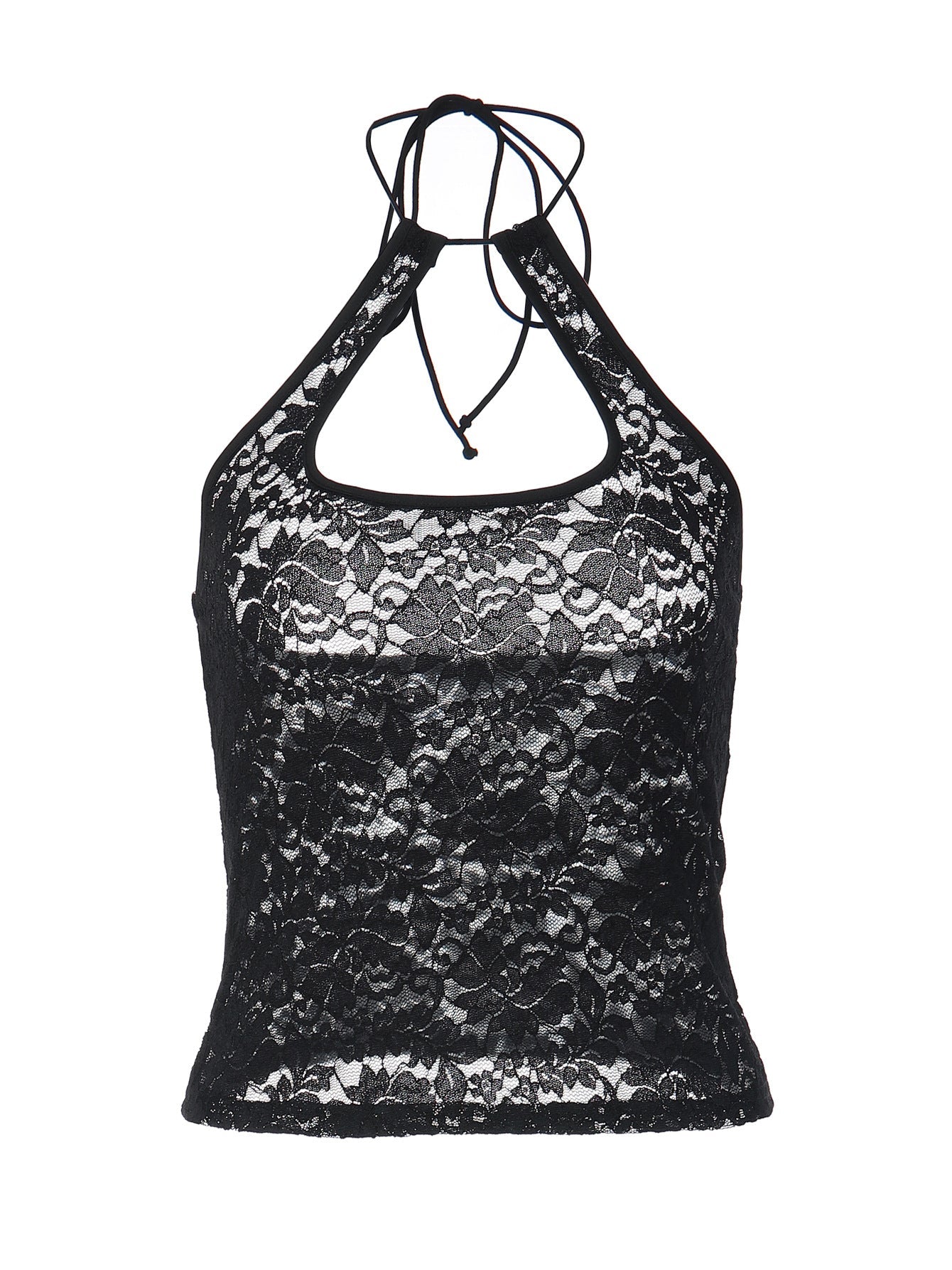 Women's Black Lace Halter Crop Top – Sheer Floral Lace Tie-Neck Y2K Tank Top