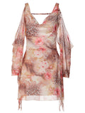 Women's Sheer Mesh Cowl Neck Mini Dress – Long Sleeve Leopard & Floral Print Bodycon Dress