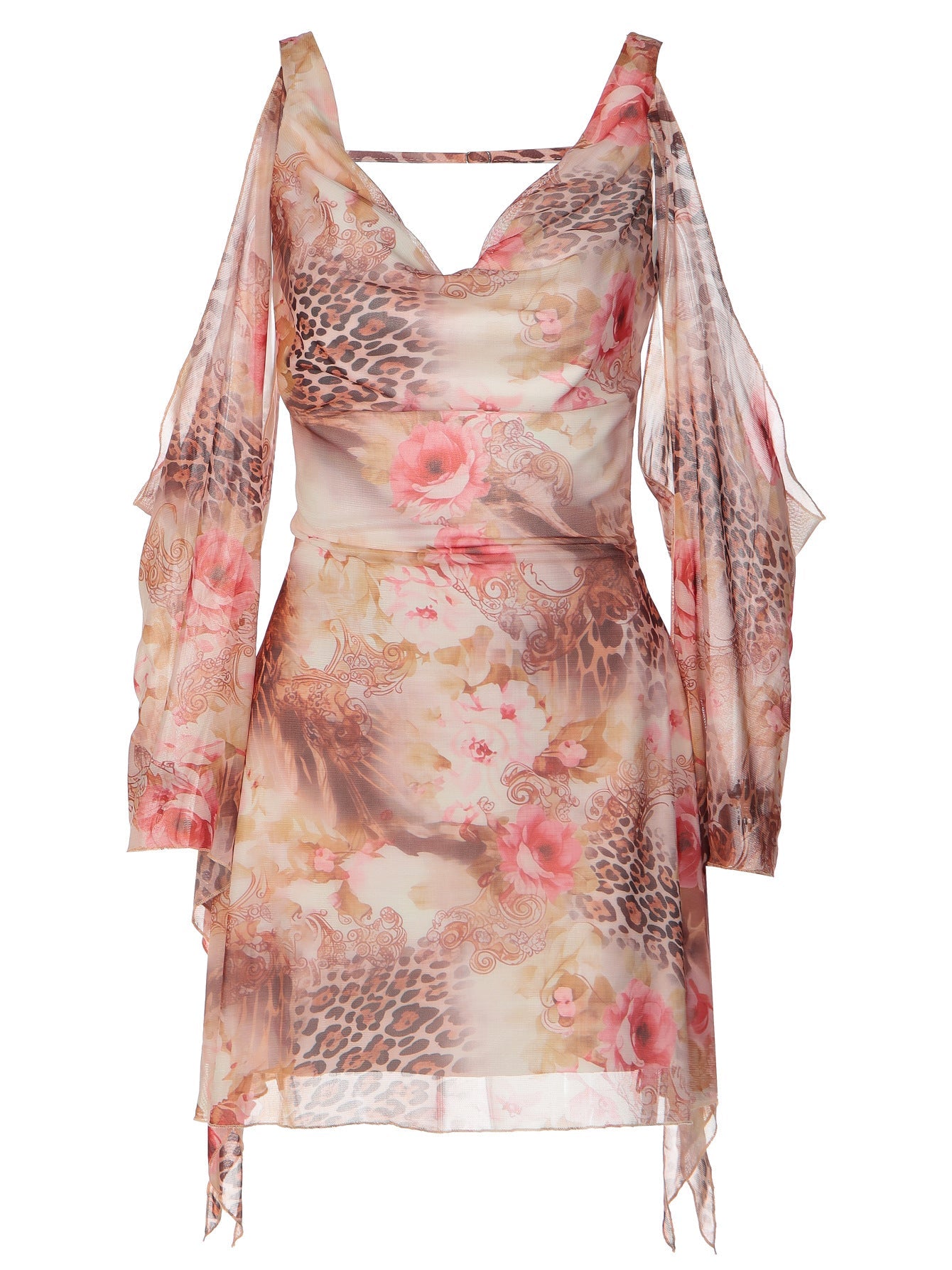 Women's Sheer Mesh Cowl Neck Mini Dress – Long Sleeve Leopard & Floral Print Bodycon Dress