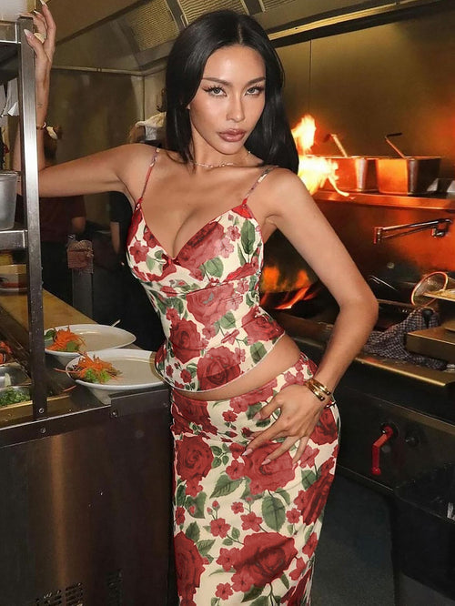 Women's 2-Piece Rose Print Maxi Skirt Set – Spaghetti Strap Crop Top & Flowy Long Skirt Outfit